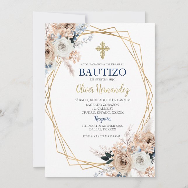 Invitación española de Blue Floral Bautizo (Anverso)