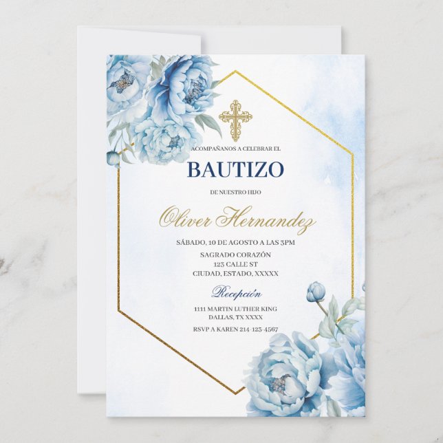 Invitación española de Blue Floral Bautizo (Anverso)