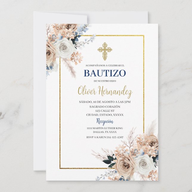 Invitación española de Blue Floral Bautizo (Anverso)
