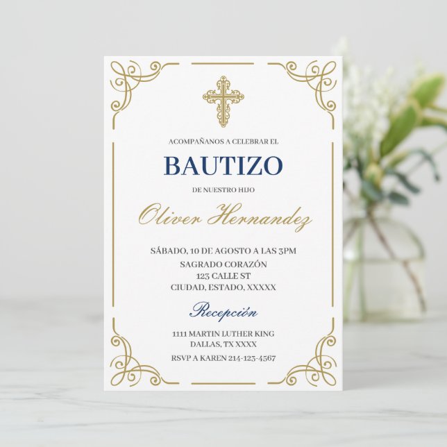 Invitación española de Blue Floral Bautizo (Anverso de pie)