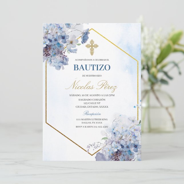 Invitación española de Blue Floral Bautizo (Anverso de pie)