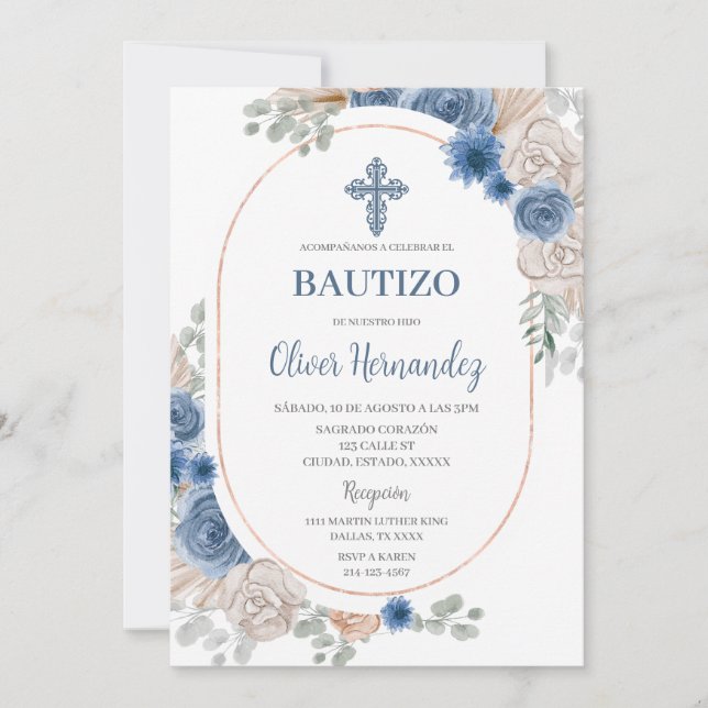 Invitación española de Blue Floral Bautizo (Anverso)