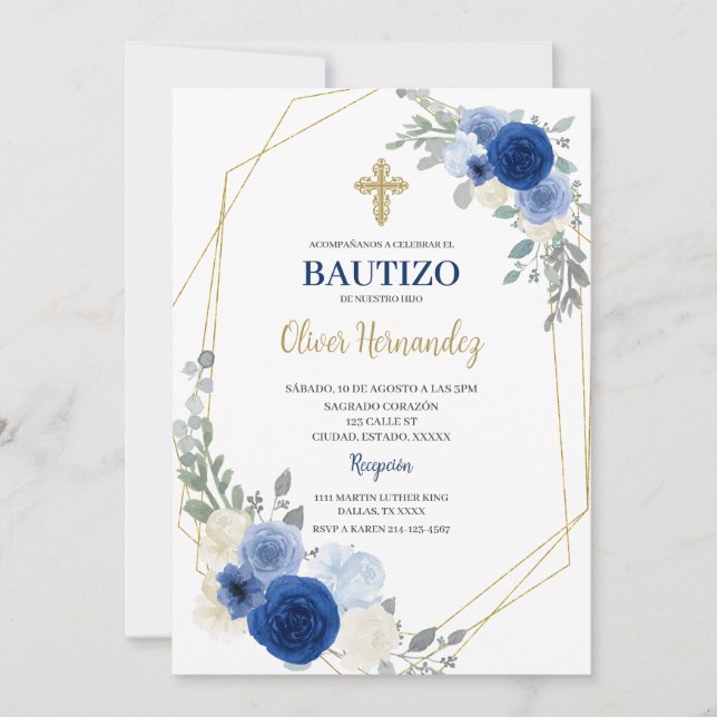 Invitación española de Blue Floral Bautizo (Anverso)