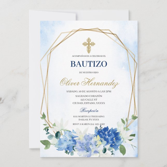 Invitación española de Blue Floral Bautizo (Anverso)