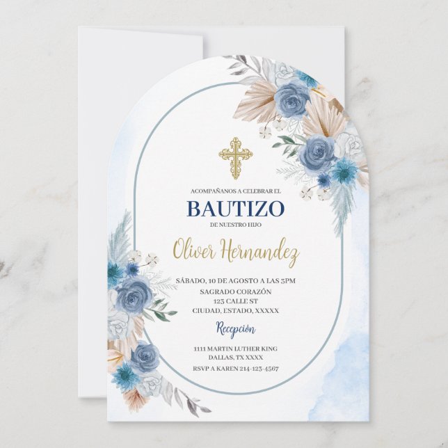 Invitación española de Blue Floral Bautizo (Anverso)