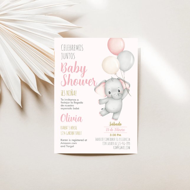 Invitación española de Elephant Baby Shower Chica (Subido por el creador)