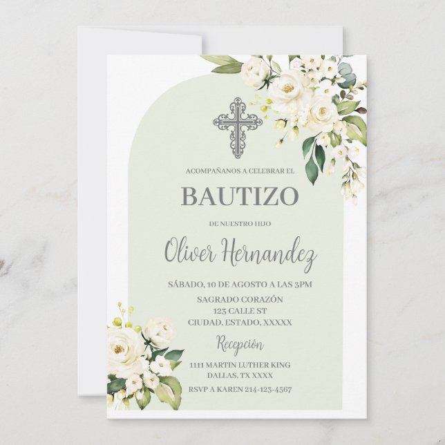 Invitación española de Floral blanca Bautizo (Anverso)