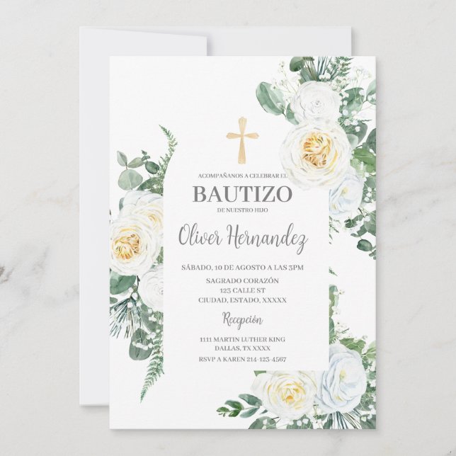 Invitación española de Floral blanca Bautizo (Anverso)
