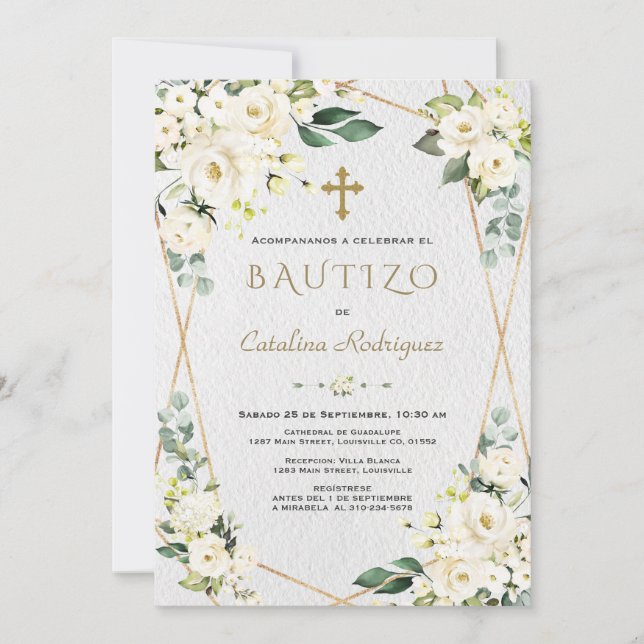 Invitación española de floral blanca marfil (Anverso)