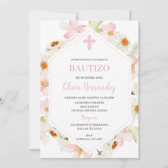 Invitación española de Floral rosa Bautizo (Anverso)