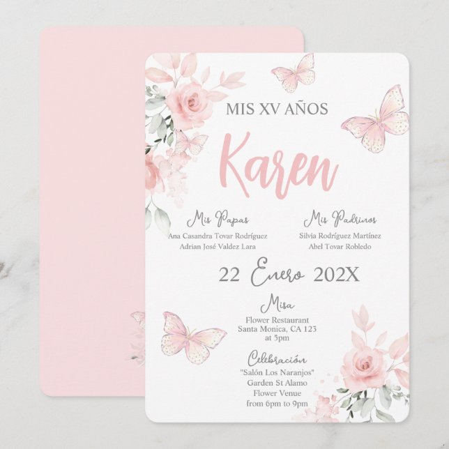 Invitación española de la mariposa rosa Quinceañer (Anverso / Reverso)