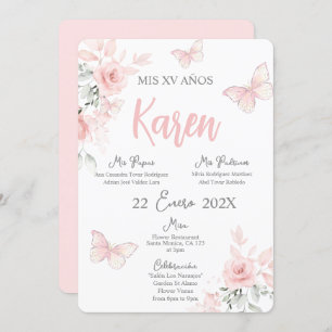 Invitación española de la mariposa rosa Quinceañer