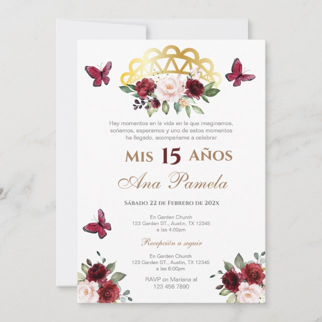 Invitación española de la quinceañera floral roja (Anverso)