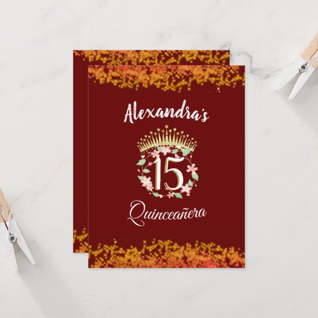 Invitación española de lujo de Borgoña Quinceañera (Anverso/Reverso In Situ)