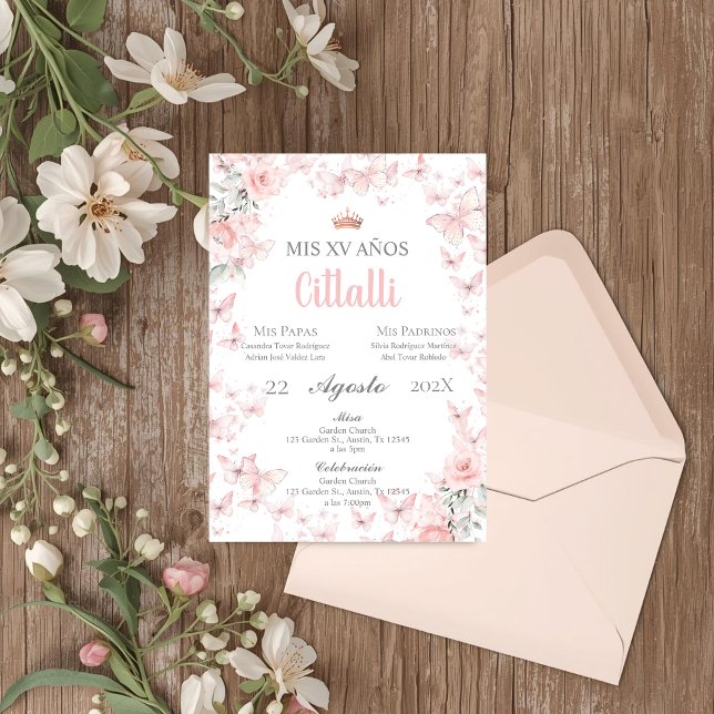 Invitación española de quinceañera con mariposa ro (Subido por el creador)