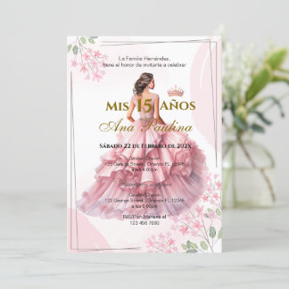 Invitación española de Quinceañera floral rosa