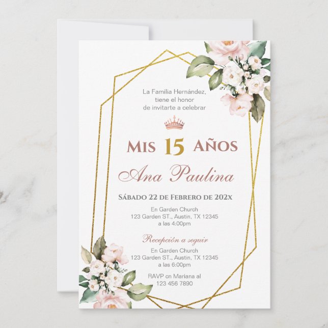 Invitación española de Quinceañera floral rosa (Anverso)