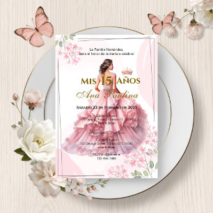 Invitación española de Quinceañera floral rosa