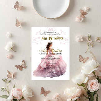 Invitación española de Quinceañera floral rosa