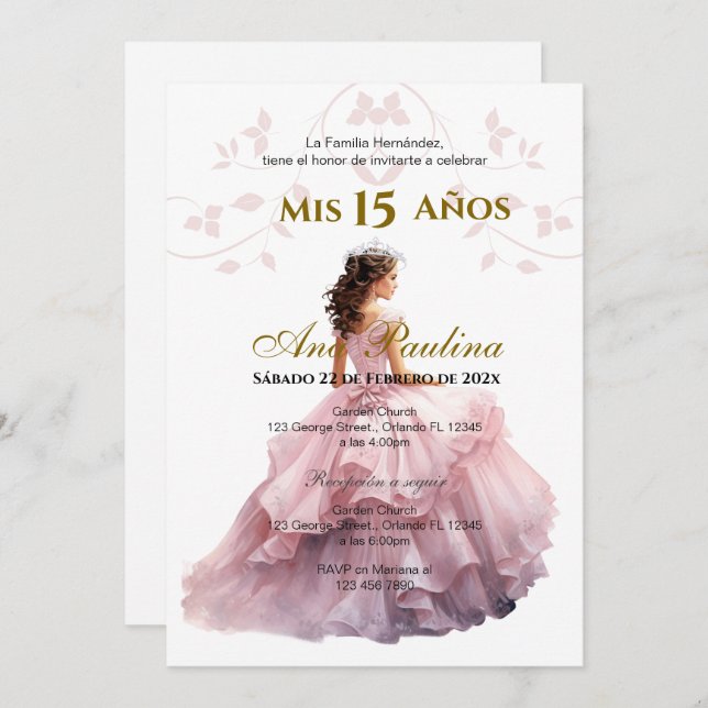 Invitación española de Quinceañera floral rosa (Anverso / Reverso)