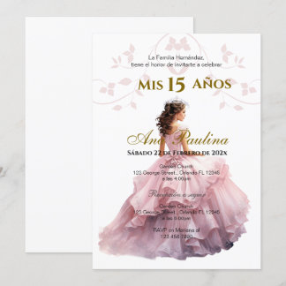 Invitación española de Quinceañera floral rosa