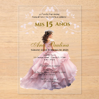 Invitación española de Quinceañera floral rosa acr