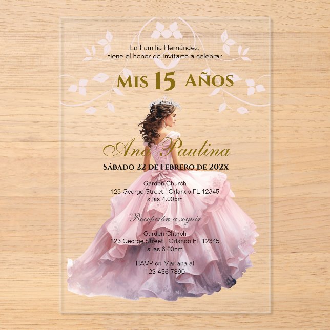 Invitación española de Quinceañera floral rosa acr (Anverso)