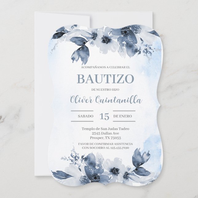 Invitación española del Bautismo Azul Dusto (Anverso)