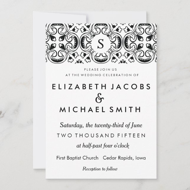 Invitación española negra y blanca de la boda de (Anverso)