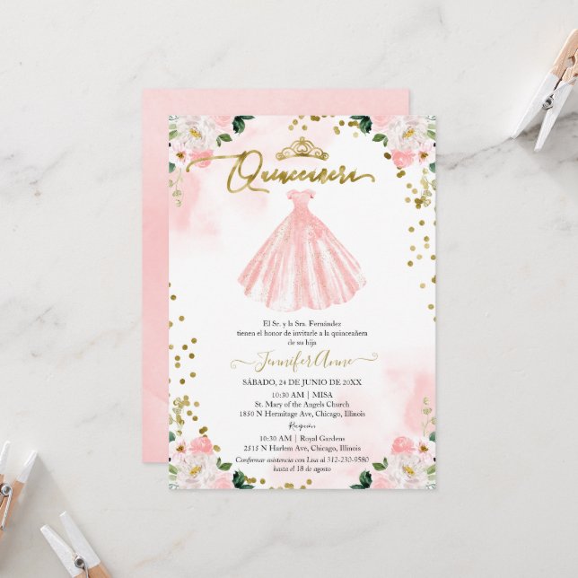 Invitación española Quinceanera Vestido floral Rub (Anverso/Reverso In Situ)