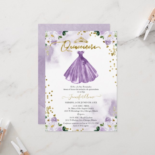 Invitación española Quinceanera Vestido morado flo (Anverso/Reverso In Situ)
