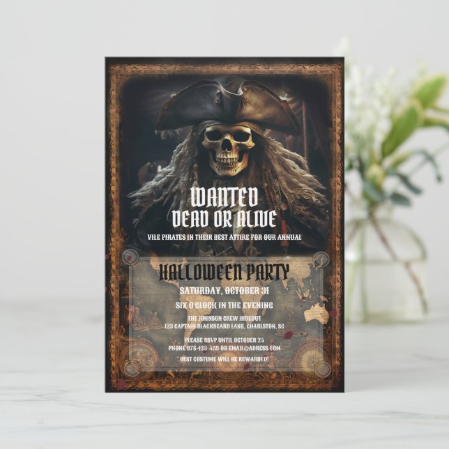 Invitación Espantoso Pirata Skull Black Halloween Party (Anverso de pie)