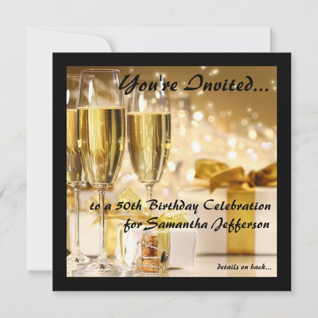 Invitación Esparkle cuadrado de champán Dorado 50 cumpleaños (Anverso)