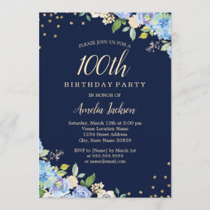 Invitación Esparkle Floral Blue 100 cumpleaños
