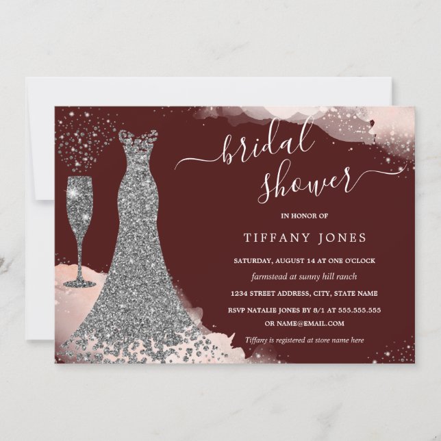 Invitación Esparkle plateado Vestido Borgoña Ducha de novia (Anverso)