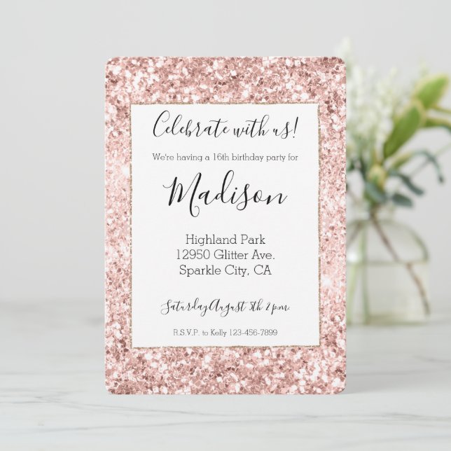 Invitación Esparkle Purpurina rosa de Rubor (Anverso de pie)