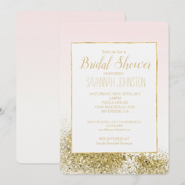 Invitación Esparkle Purpurina Rubor Pink Gold Faux (Anverso / Reverso)