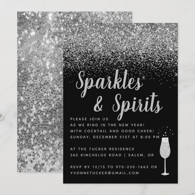 Invitación Esparkles y espíritus | Fiesta de Año Nuevo (Anverso / Reverso)