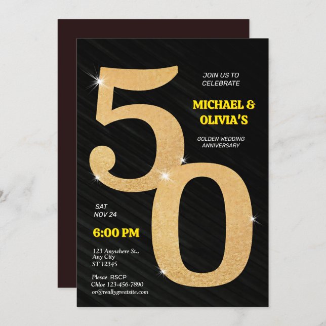 Invitación Espectacular Black & Gold 50° Aniversario de Oro (Anverso / Reverso)