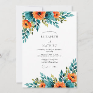 Invitación Espectacular Boda de Verano Naranja Verde Acuario