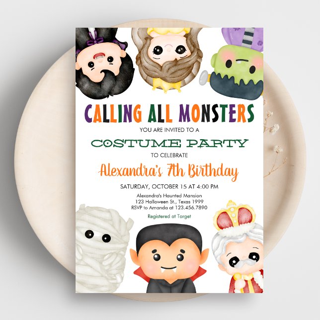 Invitación Espectacular disfraz Halloween Cumpleaños (Calling All Monsters Costume Halloween Birthday Party Invitation)