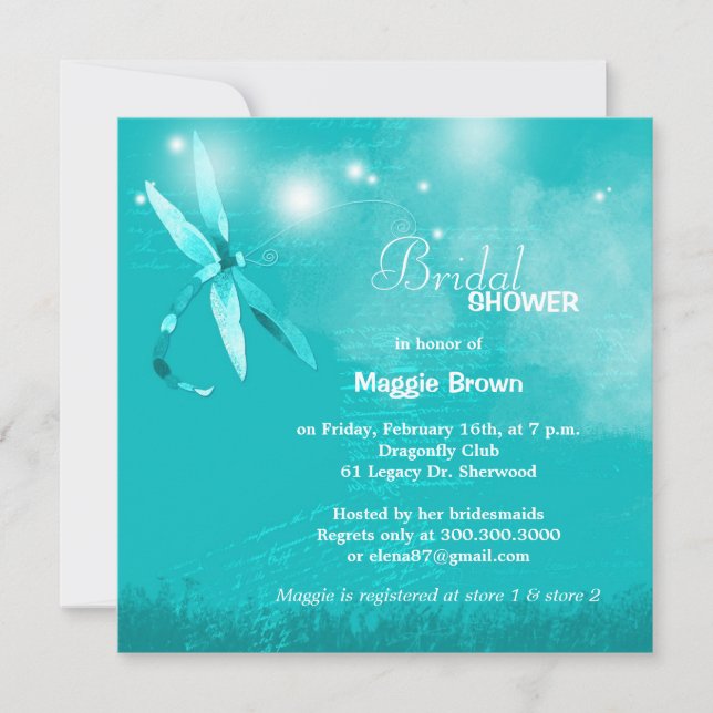 Invitación Espectacular Dragonfly Turquoise Brillante Ducha (Anverso)