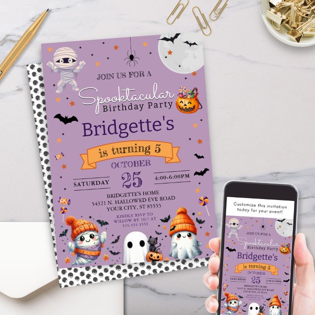 Invitación Espectacular Fantasma Purple Halloween (Cute purple spooktacular birthday party halloween kids party invitation for class or costume party)