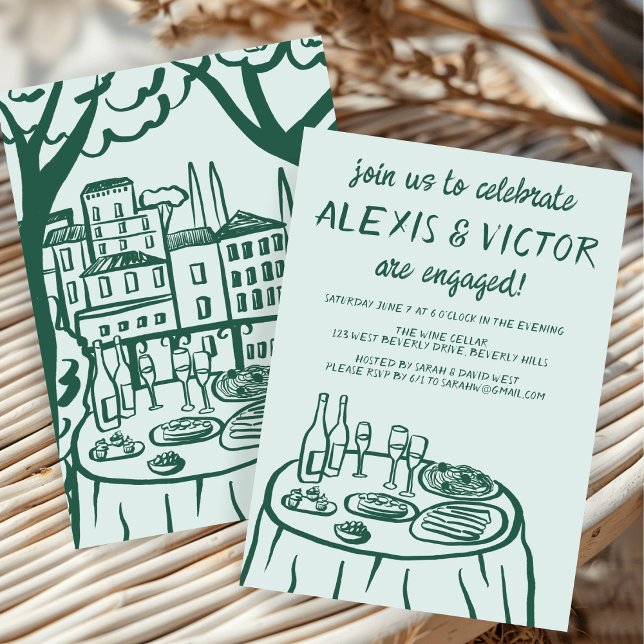 Invitación Espectacular fiesta de compromiso de Personalizado (Whimsical Balcony Dinner Custom Engagement Party Invitation Green Couples Shower Doodle Sketch Cute
)