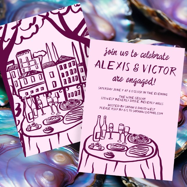 Invitación Espectacular fiesta de compromiso de Personalizado (Whimsical Balcony Dinner Custom Engagement Party Invitation Purple Couples Shower Wedding Cute
)