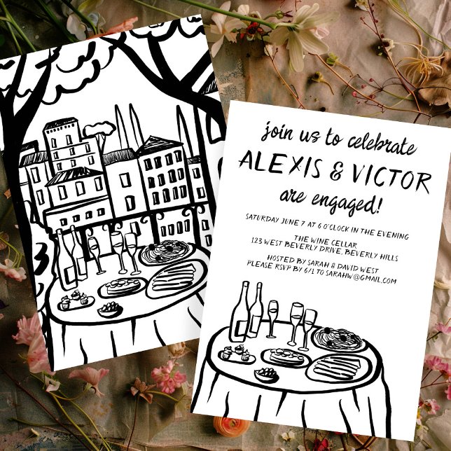 Invitación Espectacular fiesta de compromiso de Personalizado (Whimsical Balcony Dinner Custom Engagement Party Invitation Wine Couples Shower Sketch Doodle Trend
)