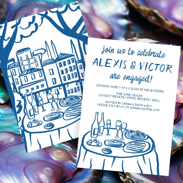 Invitación Espectacular fiesta de compromiso de Personalizado (Whimsical Balcony Dinner Custom Engagement Party Invitation Blue Sketch Doodle Couples Shower Cute
)