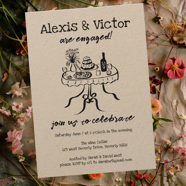 Invitación Espectacular fiesta de compromiso de Personalizado (Whimsical Buffet Dinner Custom Engagement Party Invitation Kraft Rustic Doodle Sketch)