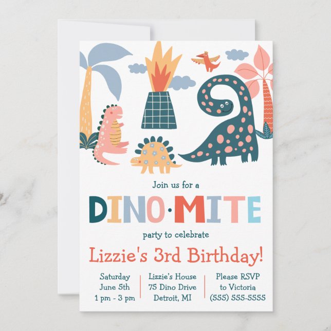 Invitación Espectacular fiesta de cumpleaños con tema de dino (Anverso)