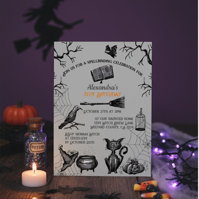 Invitación Espectacular fiesta de cumpleaños de Halloween (Scary Kids Halloween Birthday Invitation. Spooky Black Cat, Raven, Pumpkin Halloween Party for Kids)